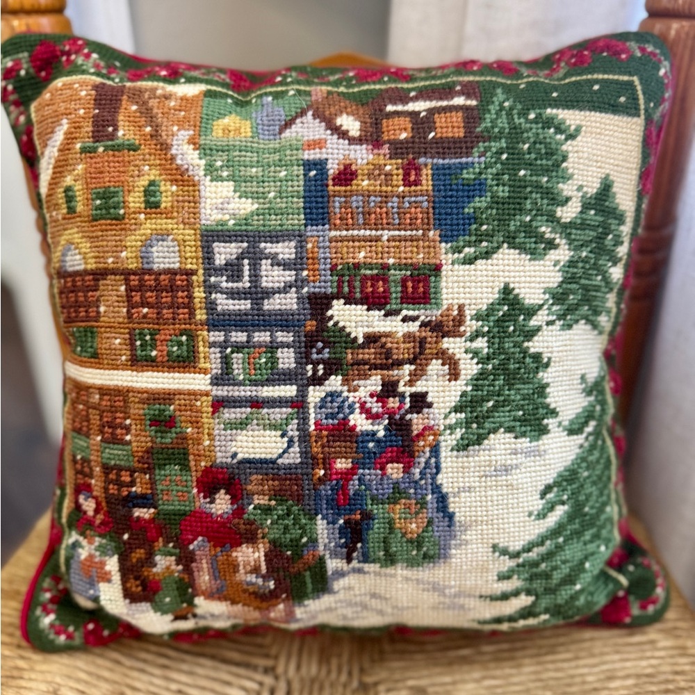 SOLD Vintage Needlepoint Festive Christmas Pillow - Picture 2 of 3